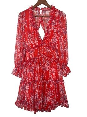 Saints & Secrets  Boho Red Floral Mini V Neck Open back Tiered Festival Dress L